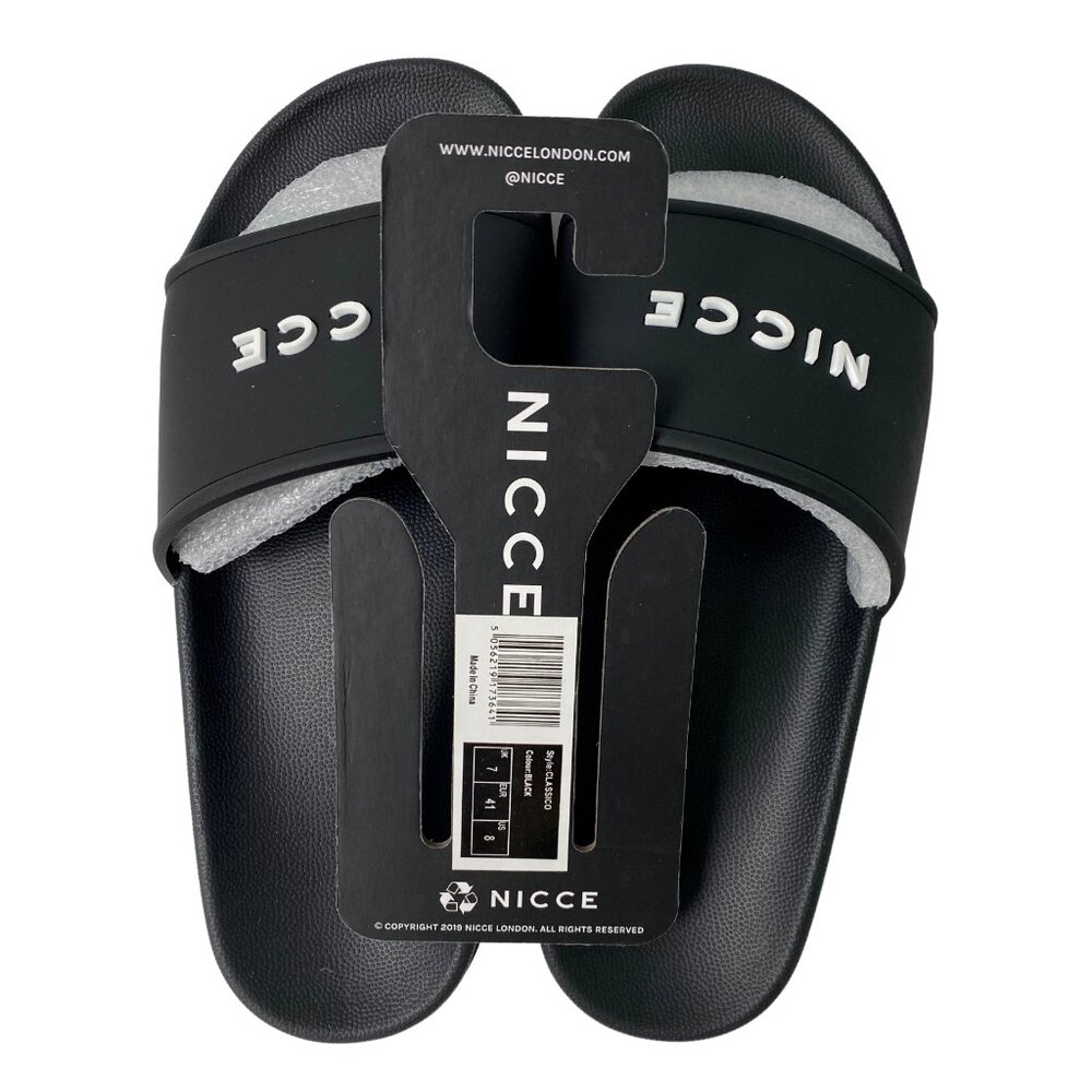 NICCE White Logo Mens Size 8 Classico Slides Black Loungewear Flip Flops London